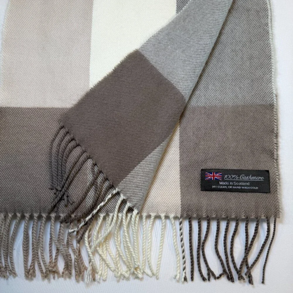 100% Cashmere Wool Tan Brown Plaid Fringe Scarf Muffler
